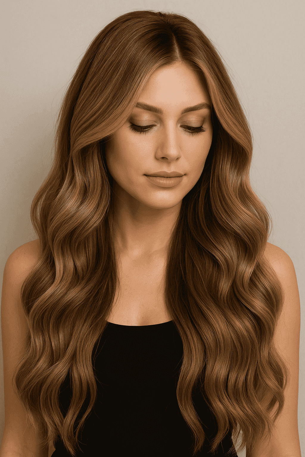 Woman with long wavy brown hair in black top, eyes closed, neutral background.